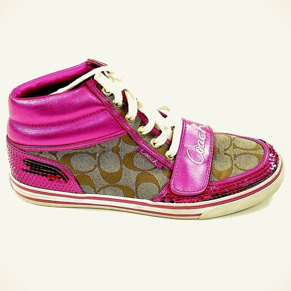 COACH Signature Fuchsia Sequined High-Top Sneakers - Picture 7 of 7